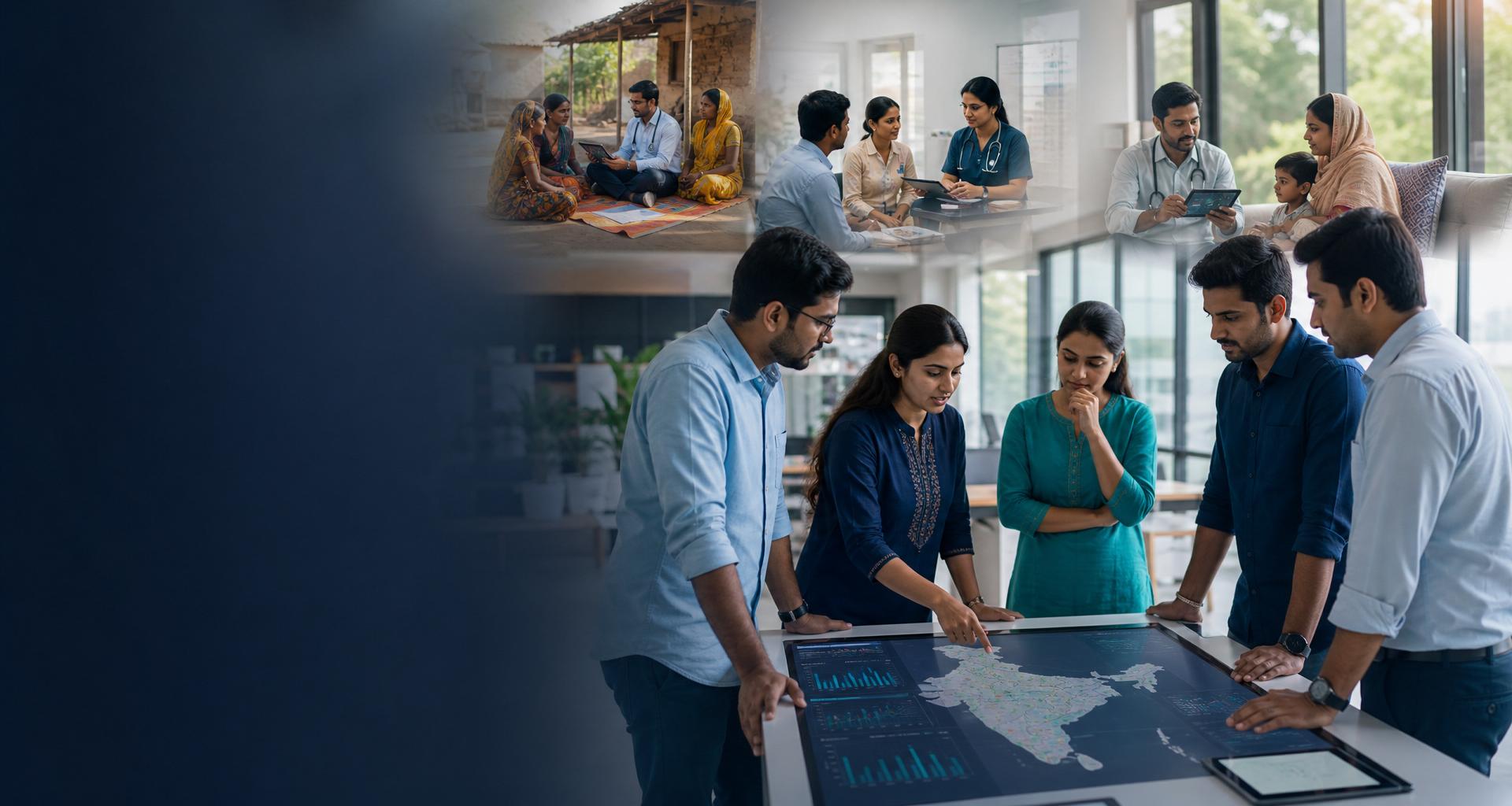 Indian healthcare professionals collaborating around a digital planning table with India map, surrounded by glimpses of community healthcare, rural outreach and home consultations — representing thoughtful innovation through continuous learning and human-centered collaboration