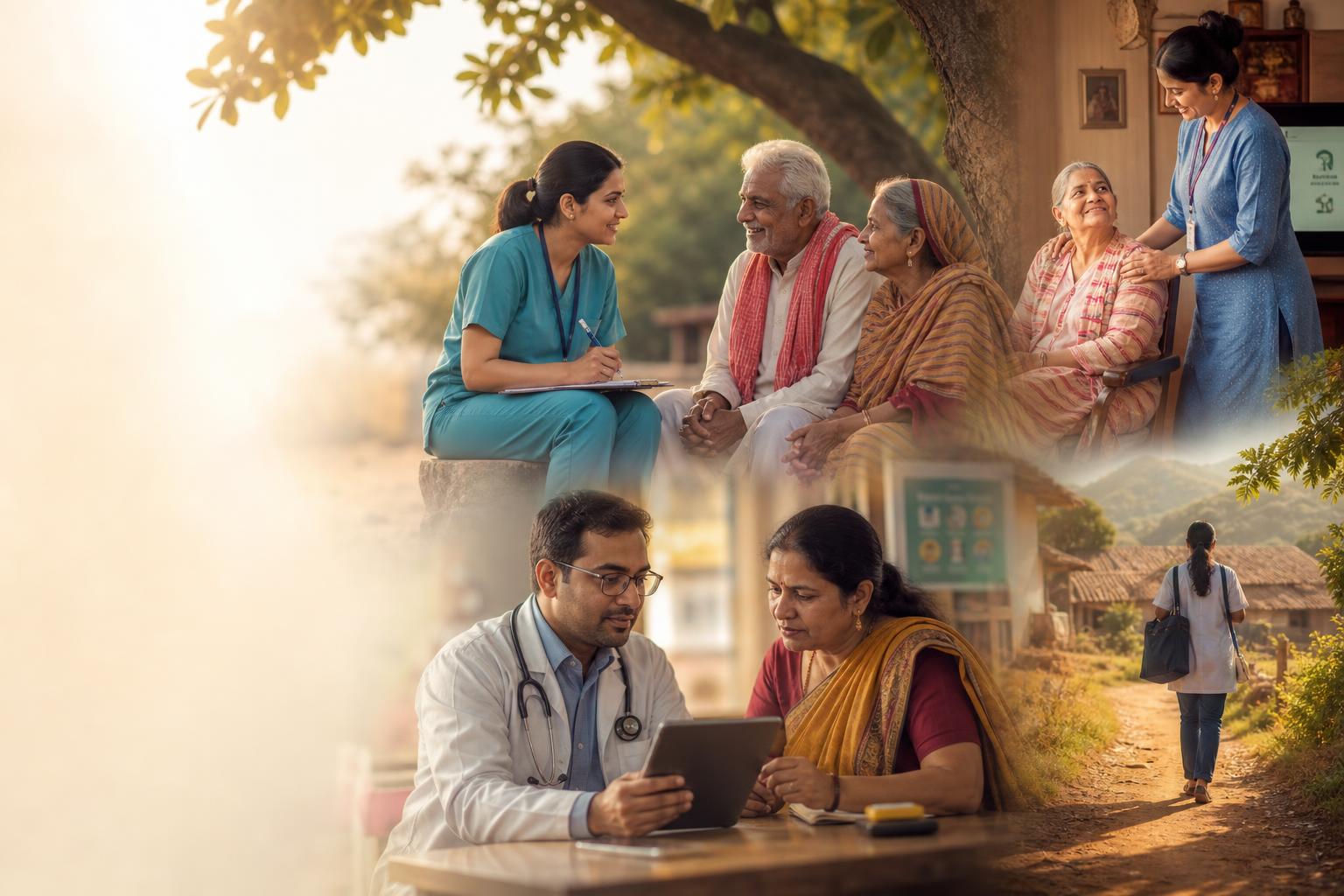 Connected Indian healthcare environments across communities, homes and rural settings — representing the evolution of decentralized, human-centered healthcare accessibility