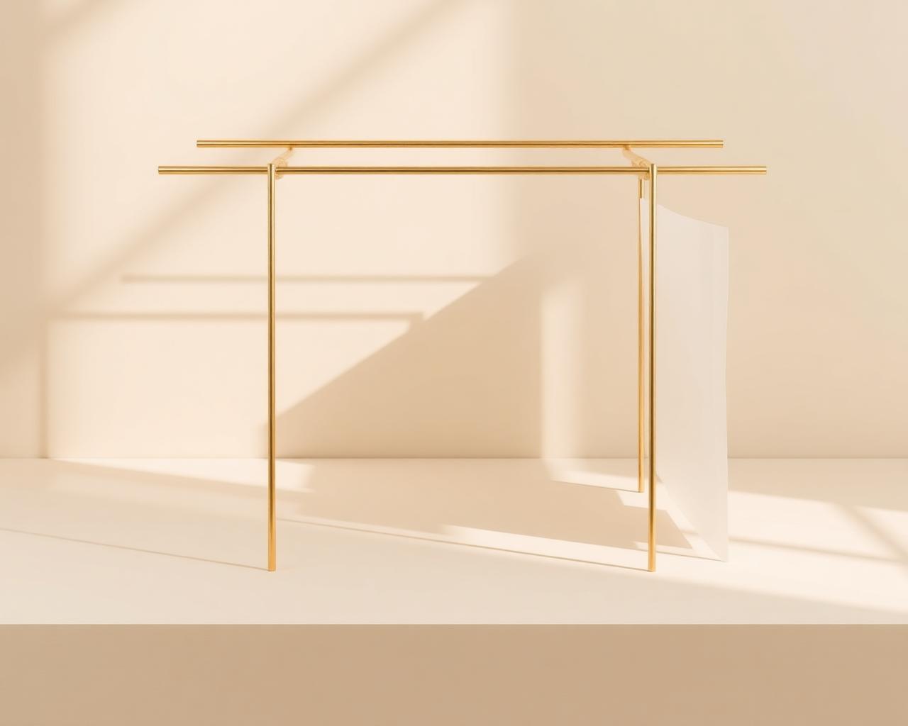 A minimal architectural arrangement of brass framework and paper panels in soft daylight — a symbol of clarity, structure and supportive systems