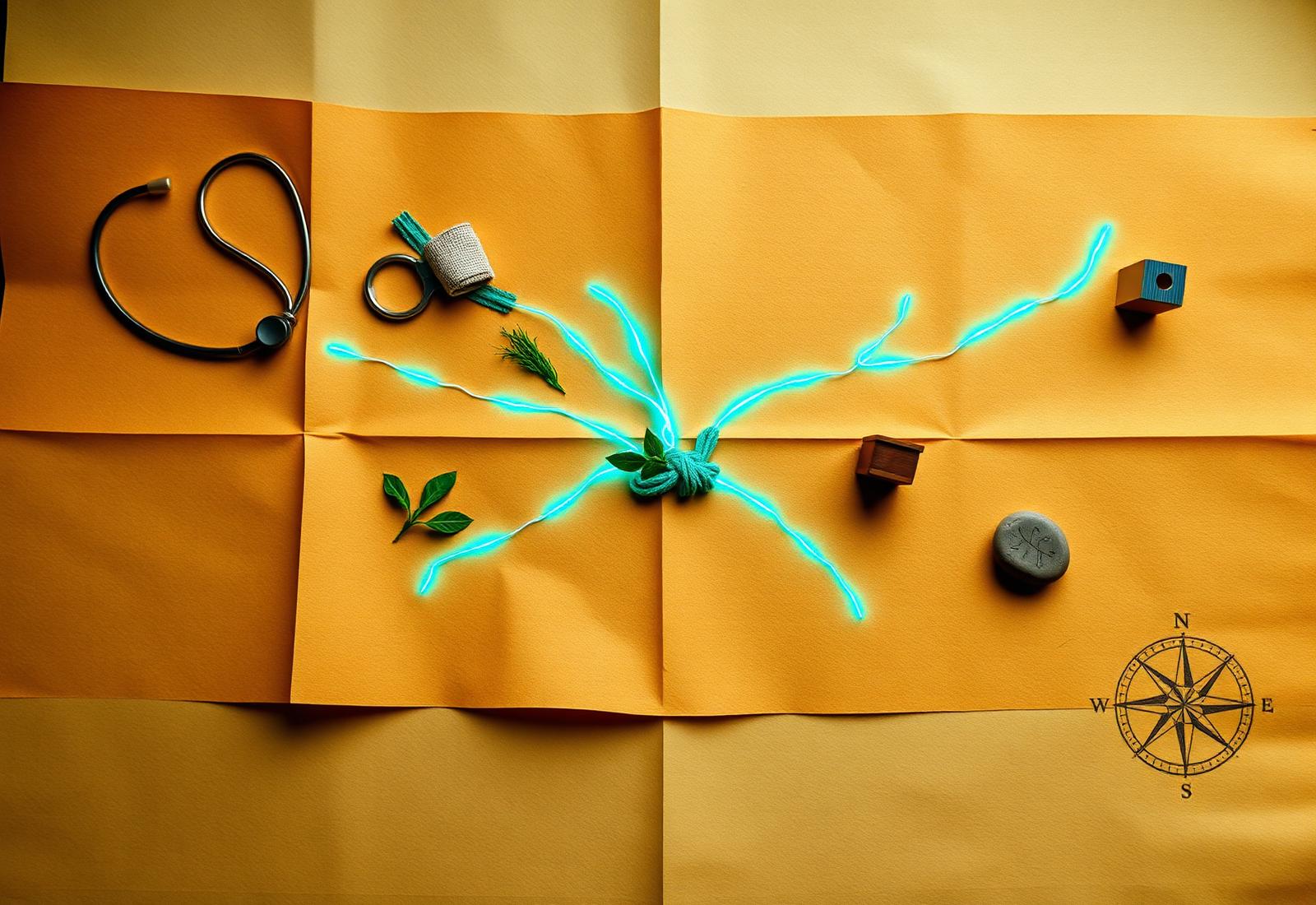 A symbolic top-down still life — glowing teal threads branching outward from a central knot across a folded paper map to small symbolic objects representing newer healthcare domains
