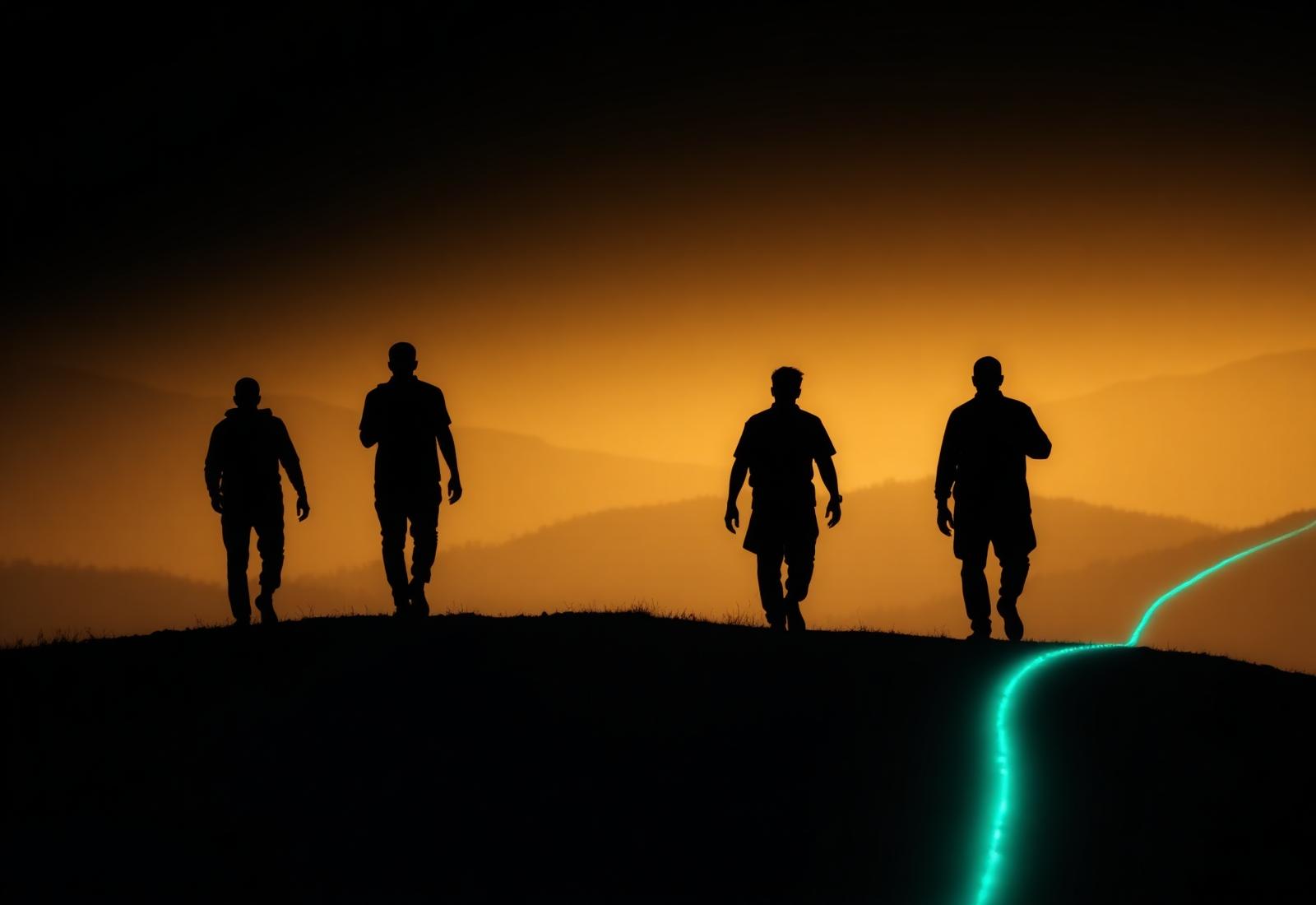 Backlit silhouettes of a small group walking together uphill at dusk — evoking perseverance, patience and persistence behind the journey