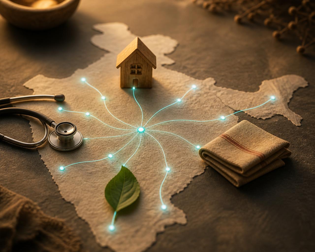 A symbolic still life — glowing teal light-threads radiating from a central point across a textured map of India to small objects representing homes, communities and care