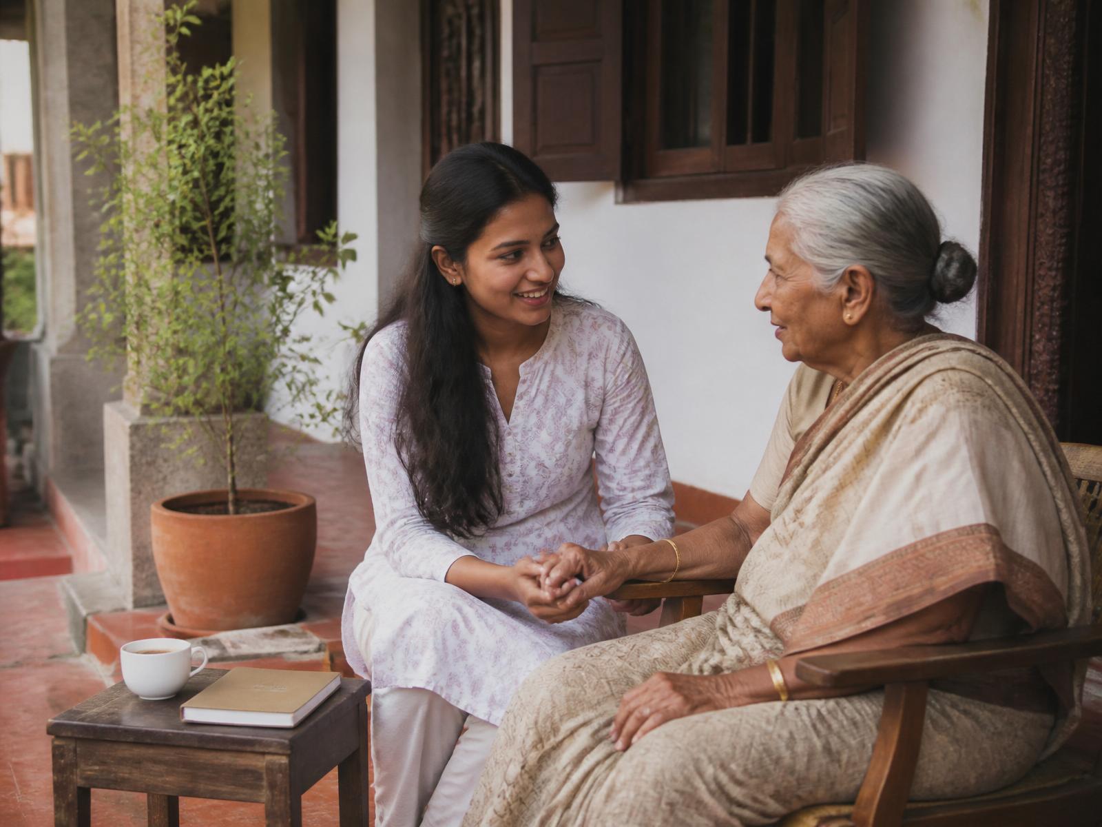 A young Indian caregiver sitting with an elderly woman on the veranda of her home, holding her hand in a warm conversation