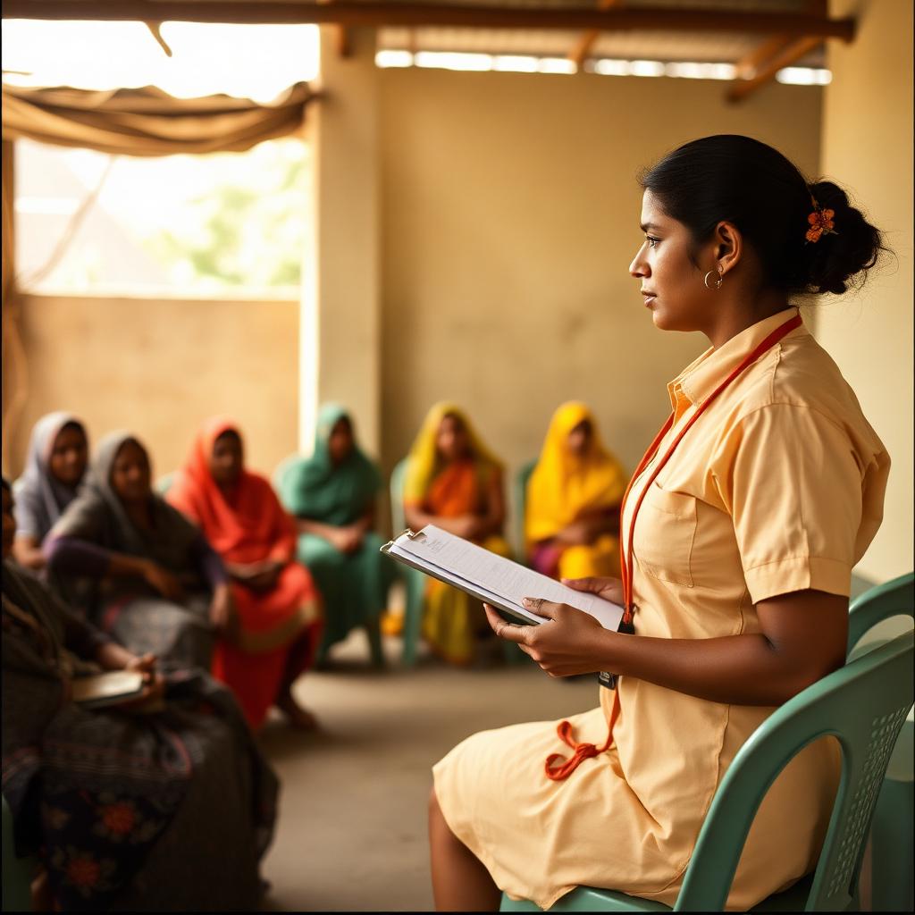 A health worker leading a community awareness session with women seated in a shaded community space