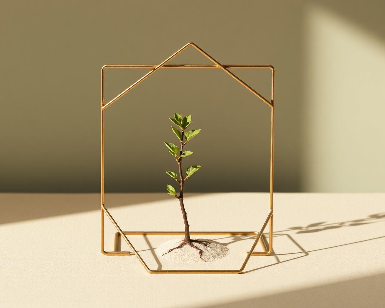 A young sapling rising through a clean geometric brass framework — a symbol of organic growth supported by structure