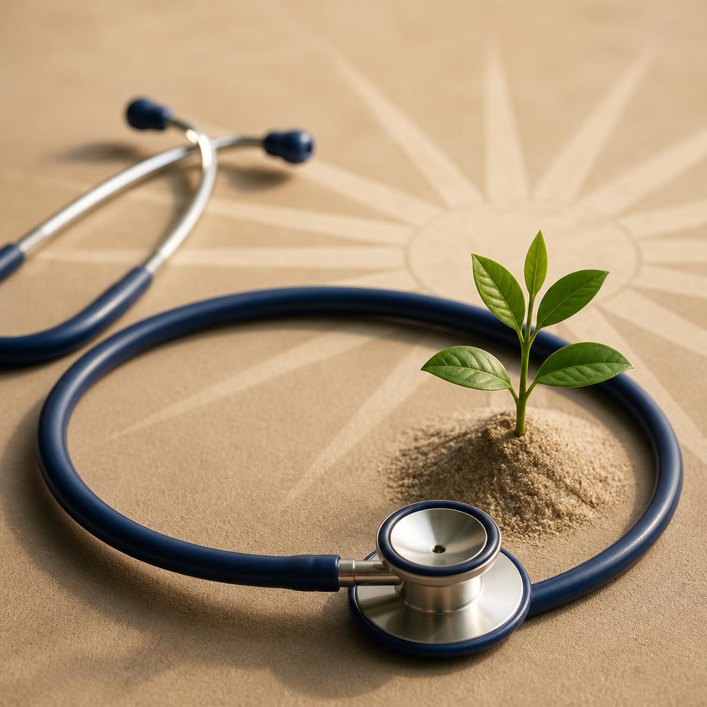 A symbolic still life — a stethoscope arcing outward with a young plant, suggesting healthcare reach, continuity and growth