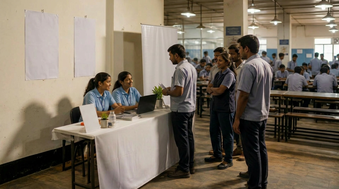 A Tylo outreach desk set up inside a workplace cafeteria, with employees registering for a wellness check